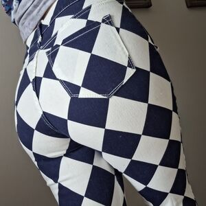 SHEIN Woman's Blue and White Checkered Flare Jeans Size 30